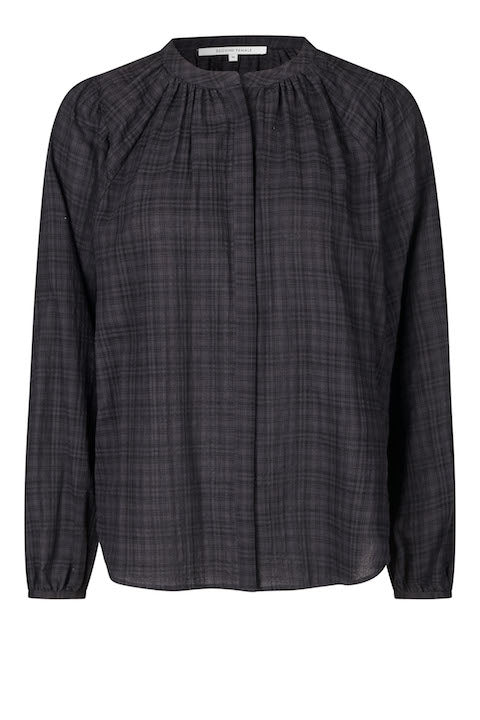 Enza, collarless check skirt | vulcan